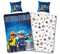 SkyBrands Playmobil Ropa de cama de 135x200 cm, 80x80 cm, juego de ropa de cama infantil de algodón, policía, regalo de bomberos, 2 piezas, 1 funda nórdica y 1 funda de almohada