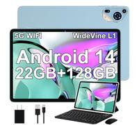 SKYEGG Tablet 10 Pulgadas Android 14, 22 GB RAM + 128 GB ROM (Ampliable a 1TB), Widevine L1, 5G Wi-Fi, GPS, 8000 mAh, 8 Cores 2.0 GHz, 5MP + 8MP, FHD Tablet con Teclado + Ratón + Funda, Azul