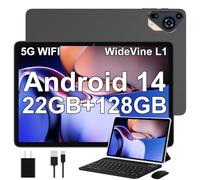 SKYEGG Tablet 10 Pulgadas Android 14, 22 GB RAM + 128 GB ROM (Ampliable a 1TB), Widevine L1, 5G Wi-Fi, GPS, 8000 mAh, 8 Cores 2.0 GHz, 5MP + 8MP, FHD Tablet con Teclado + Ratón + Funda, Gris