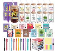 Skylety Juego de 12 divertidos regalos para empleados a granel con texto en inglés "Thank You for Being Awesome Staff", vasos de vidrio de 16 onzas con tapas, popotes, cuadernos en espiral, bolígrafos