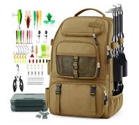 Skylety Mochila de Pesca con 2 Cajas para Señuelos Mochila de Pesca de 40 L con Dos Portacañas Set de Señuelos de Pesca de 82 Piezas Funda para Lluvia con Bandas Reflectantes