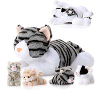 Skylety Set 5 Animales de Gatos de Peluche Bebés Dentro de Mamá Gata con 4 Gatitos Esponjosos Bonitos en Vientre de Gata Mamá de Criar Regalo Cumpleaños para Abrazar Dormir (Gris)