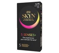 SKYN 5 Senses +: caja de 5 preservativos masculinos sin látex, material Skynfeel, 1 intensamente perlado, 2 sabores cócteles, 1 Elite (ultra fino), 1 calentador para estimular los sentidos