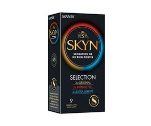 SKYN Selection: Juego de 9 preservativos sin látex Skynfeel para hombre/Surtido de 3 tipos de sensaciones: 3 originales, 3 x Intense Feel, 3 x Extra Lubricado/Tamaño Regular/Diámetro 53 mm