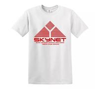 Skynet - Camiseta clásica de algodón con estampado rojo Cyberdyne Retro Terminator, blanco, L