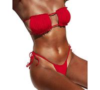 SkyPOOU Conjunto de 2 piezas para mujer, fruncido, sin tirantes, hueco, bandeau, lazo lateral, cintura baja, color para lindo, súper alto, trajes de baño para niñas, trajes de baño para dos piezas