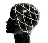 SkyPOOU Diadema hueca de malla para boda, cadena de cabeza, joyería para mujer, diadema de cristal de lujo para la cabeza y el cabello, color plateado