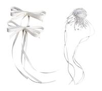 SkyPOOU Elegantes lazos para el pelo con clip de metal, collar de flores, gargantilla, lazos de cola larga, pinzas para el pelo para mujeres y niñas, color blanco