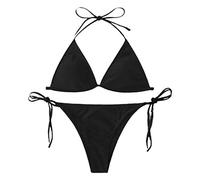 SkyPOOU Traje de baño de color para mujer, lazo lateral atrevido para tanga, traje de baño de dos piezas, bikini de playa para mujer, tanga alta para mujer, color negro para súper para