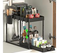 SKYSER Estantería para Lavabo de 2 Niveles, con 4 Ganchos, 8 Alfombrillas Antideslizantes y 1 Taza Colgante Estante para Lavabo de Cocina (Negro)
