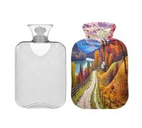 SKYSHU Autumn Mountain - Botella de agua caliente transparente de 1 litro, a prueba de fugas, lavable, resistente al calor, con funda de felpa suave para calambres menstruales, alivio del dolor de