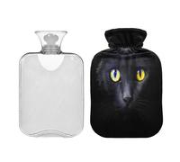 SKYSHU Black Cat - Botella de agua caliente transparente a prueba de fugas de 1 litro, lavable, resistente al calor, con funda de felpa suave para calambres menstruales, alivio del dolor de cuello y