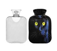 SKYSHU Black Cat - Botella de agua caliente transparente a prueba de fugas de 1 litro, lavable, resistente al calor, con funda de felpa suave para calambres menstruales, alivio del dolor de cuello y