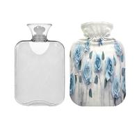 SKYSHU Blue Rose - Botella de agua caliente transparente a prueba de fugas de 2 litros, lavable, resistente al calor, con funda de felpa suave para calambres menstruales, alivio del dolor de cuello y