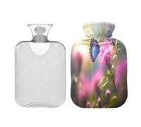 SKYSHU Botella de agua caliente con diseño de diente de león de mariposa, bolsa de agua caliente transparente a prueba de fugas, lavable, resistente al calor, con funda de felpa suave para calambres