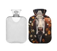 SKYSHU Botella de agua caliente con diseño de flor de vaca, bolsa de agua caliente transparente a prueba de fugas, lavable, resistente al calor, con funda de felpa suave para calambres menstruales,