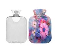 SKYSHU Botella de agua caliente con diseño de flores rosas, bolsa de agua caliente transparente a prueba de fugas, lavable, resistente al calor, con funda de felpa suave para calambres menstruales,