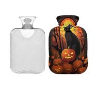 SKYSHU Botella de agua caliente con diseño de gato de Halloween, bolsa de agua caliente transparente a prueba de fugas, lavable, resistente al calor, con funda de felpa suave para calambres