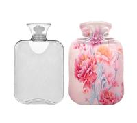 SKYSHU Botella de agua caliente de flor de peonía, bolsa de agua caliente transparente a prueba de fugas, lavable, resistente al calor, con funda de felpa suave para calambres menstruales, alivio del