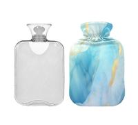 SKYSHU Botella de agua caliente de mármol azul dorado, bolsa de agua caliente transparente a prueba de fugas de 2 litros, lavable, resistente al calor, con funda de felpa suave para calambres