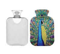 SKYSHU Botella de agua caliente de pavo real, bolsa de agua caliente transparente a prueba de fugas, lavable, resistente al calor, con funda de felpa suave para calambres menstruales, alivio del dolor