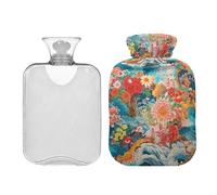 SKYSHU Botella de agua caliente japonesa con diseño de flor de árbol, bolsa de agua caliente transparente a prueba de fugas, lavable, resistente al calor, con funda de felpa suave para calambres