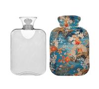 SKYSHU Botella de agua caliente japonesa con diseño de flor de árbol, bolsa de agua caliente transparente a prueba de fugas, lavable, resistente al calor, con funda de felpa suave para calambres