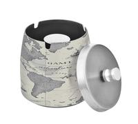 SKYSHU Cenicero de mapa del mundo con tapa desmontable y almohadilla antideslizante, cenicero de acero inoxidable resistente a los arañazos, sin humo, inodoro, resistente al viento, cenicero para