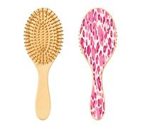 SKYSHU Cepillo de pelo de madera natural de leopardo rosa con cómodas cerdas de madera, cepillo ovalado para desenredar y peinar, para mujeres, hombres y niños, todo tipo de cabello (cabello seco y