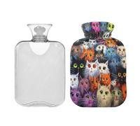 SKYSHU Colorido gato botella de agua caliente, bolsa de agua caliente transparente a prueba de fugas, lavable, resistente al calor, con funda de felpa suave para calambres menstruales, cuello y hombro