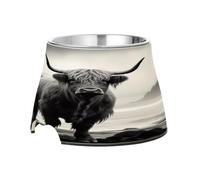 SKYSHU Cuencos elevados para perros y gatos con diseño de vaca escocesa de las tierras altas, prevención de la enfermedad de las vértebras, con cuencos extraíbles de acero inoxidable, antideslizante