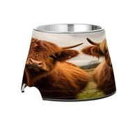 SKYSHU Cuencos elevados para perros y gatos con diseño de vaca escocesa de las tierras altas, prevención de la enfermedad de las vértebras, con cuencos extraíbles de acero inoxidable, antideslizante