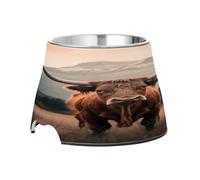 SKYSHU Cuencos elevados para perros y gatos con diseño de vaca escocesa de las tierras altas, prevención de la enfermedad de las vértebras, con cuencos extraíbles de acero inoxidable, antideslizante