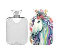 SKYSHU Cute Animals - Botella de agua caliente transparente de 1 litro, a prueba de fugas, lavable, resistente al calor, con funda de felpa suave para calambres menstruales, alivio del dolor de cuello