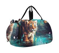 SKYSHU Cute Tiger - Bolsa grande impermeable para fin de semana, correa de hombro desmontable, bolsa de gimnasio con compartimento para zapatos y bolsillo para mojado