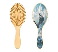 SKYSHU Dolphin - Cepillo de madera natural con cómodas cerdas de madera, cepillo ovalado para desenredar y peinar para mujeres, hombres y niños, todo tipo de cabello (cabello seco y dañado)