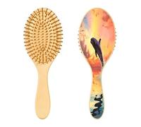 SKYSHU Dolphin - Cepillo de madera natural con cómodas cerdas de madera, cepillo ovalado para desenredar y peinar para mujeres, hombres y niños, todo tipo de cabello (cabello seco y dañado)