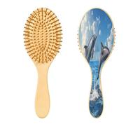 SKYSHU Dolphin - Cepillo de madera natural con cómodas cerdas de madera, cepillo ovalado para desenredar y peinar para mujeres, hombres y niños, todo tipo de cabello (cabello seco y dañado)