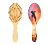 SKYSHU Dolphin - Cepillo de madera natural con cómodas cerdas de madera, cepillo ovalado para desenredar y peinar para mujeres, hombres y niños, todo tipo de cabello (cabello seco y dañado)