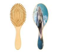 SKYSHU Dolphin - Cepillo de madera natural con cómodas cerdas de madera, cepillo ovalado para desenredar y peinar para mujeres, hombres y niños, todo tipo de cabello (cabello seco y dañado)