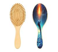SKYSHU Dolphin - Cepillo de madera natural con cómodas cerdas de madera, cepillo ovalado para desenredar y peinar para mujeres, hombres y niños, todo tipo de cabello (cabello seco y dañado)