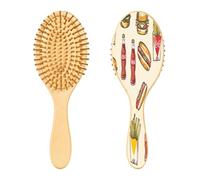 SKYSHU Fast Food - Cepillo de pelo de madera natural con cómodas cerdas de madera, cepillo ovalado para desenredar y peinar para mujeres, hombres y niños, todo tipo de cabello (cabello seco y dañado)