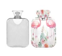 SKYSHU Flamingo - Botella de agua caliente transparente a prueba de fugas de 1 litro, lavable, resistente al calor, con funda de felpa suave para calambres menstruales, alivio del dolor de cuello y