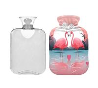 SKYSHU Flamingo - Botella de agua caliente transparente a prueba de fugas de 1 litro, lavable, resistente al calor, con funda de felpa suave para calambres menstruales, alivio del dolor de cuello y