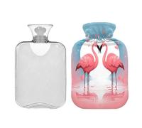 SKYSHU Flamingo - Botella de agua caliente transparente a prueba de fugas de 2 L, lavable, resistente al calor, con funda de felpa suave para calambres menstruales, alivio del dolor de cuello y