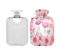 SKYSHU Flamingo - Botella de agua caliente transparente a prueba de fugas de 2 L, lavable, resistente al calor, con funda de felpa suave para calambres menstruales, alivio del dolor de cuello y