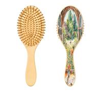 SKYSHU Flower Garden - Cepillo de madera natural con cómodas cerdas de madera, cepillo ovalado para desenredar y peinar para mujeres, hombres y niños, todo tipo de cabello (cabello seco y dañado)