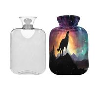 SKYSHU Galaxy Wolf - Botella de agua caliente transparente a prueba de fugas de 1 litro, lavable, resistente al calor, con funda de felpa suave para calambres menstruales, alivio del dolor de cuello y