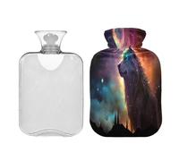 SKYSHU Galaxy Wolf - Botella de agua caliente transparente a prueba de fugas de 1 litro, lavable, resistente al calor, con funda de felpa suave para calambres menstruales, alivio del dolor de cuello y