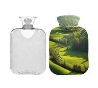 SKYSHU Green Landscape - Botella de agua caliente transparente a prueba de fugas de 1 litro, lavable, resistente al calor, con funda de felpa suave para calambres menstruales, alivio del dolor de